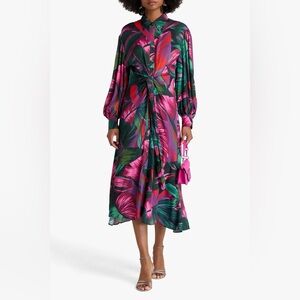 FARM Rio Pink & Green Tropical Twist-Front Midi Dress